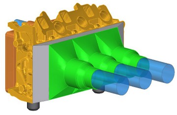 Elszívófej koncepcionális CAD modell a dugattyúk helyének irányából nézve