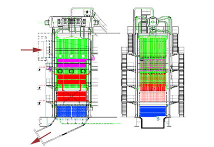 Hőhasznosító kazán (HRSG) a ki- és beömlést jelző nyilakkal
