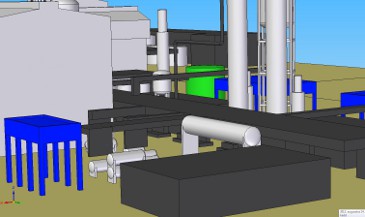 A gáz diffúzió CFD szimuláció során az ammóniaüzem CAD geometriája északkeleti irányból nézve