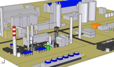 A gáz diffúzió CFD szimuláció során az ammóniaüzem CAD geometriája északnyugati irányból nézve