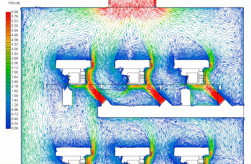 Nagy kapacitású hűtősoron lévő öntvények körül kialakuló áramlási kép sebesség vektorokkal szemléltetve