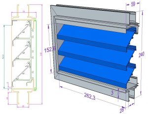 Zsalu 2D rajz és 3D modell a belépő oldal irányából nézve