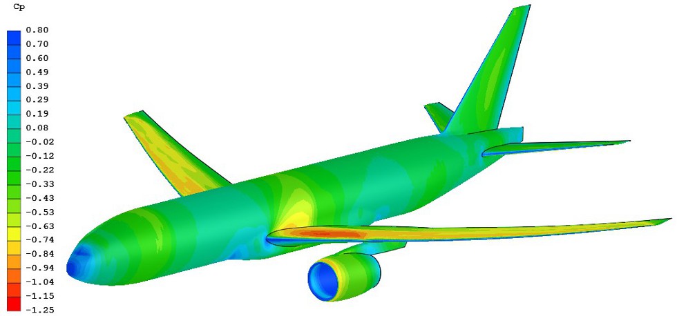 CFD Eng Cp eredmények a teljes CRM modellen, M=0.85, Re=5x106 , AoA=2°