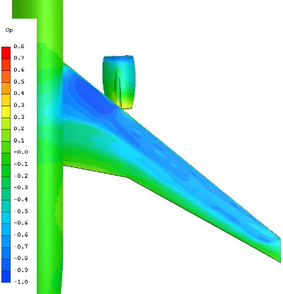 CFD Eng, Cp a szárny felső felületén, biztosan M=0.85, Re=43x106 , AoA=2°