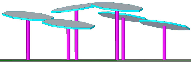 Az árnyékoló szerkezet három különböző magasságú (4m, 5m és 6m) oszlopra helyezve az épület aerodinamika szimulációban