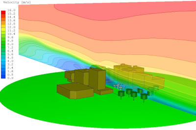 Szélsebesség profil egy, a parkon keresztül felvett függőleges vágósíkon az épület aerodinamika szimuláció eredményei között